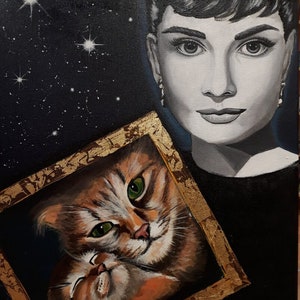 Audrey Hepburn avec des chats. Style pop art.  Art mural. Portrait de star de cinéma ancien. Peinture acrylique originale sur toile.