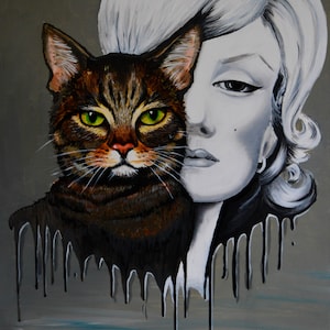 Portrait pop art de Marilyn Monroe avec un chat | Peinture originale pour les fans de cinéma ancien (fr) | Décoration d'intérieur unique