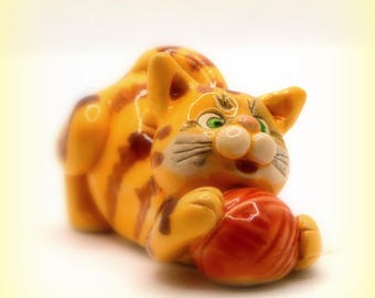 Ceramic Cat Figurine: Colorful Pottery Desk buddy Decor