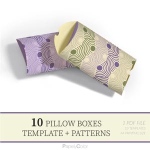 Puede incluir: Dos cajas de almohada con un patrón geométrico de círculos concéntricos en tonos morado, verde y crema. Las cajas están abiertas, revelando un interior amarillo claro. La imagen incluye el texto "10 Pillow Boxes Template + Patterns".