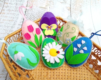 Easter eggs ornaments Felt easter decorations Floral eggs Spring decoration Spring flowers Easter egg decor Spring ornaments Easter set