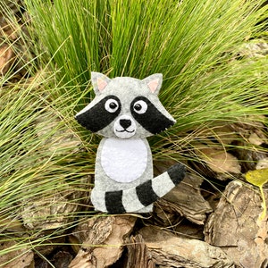 May include: A gray and black felt raccoon finger puppet with white eyes and a white belly. The puppet is sitting on a bed of brown wood chips and green grass.
