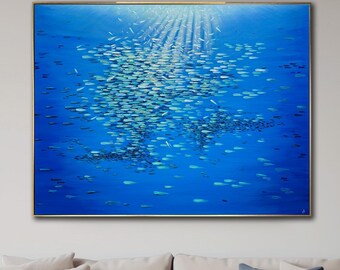 大きな魚の群れを描いた油絵、手描きのインパスト海洋アート - Etsy 日本