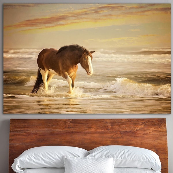 Brown Horse Print On Canvas Modern Coastal Wall Decor Ocean Beach Multi Panel Print Brown Horse Photo Print Animal Wall Art for Living Room