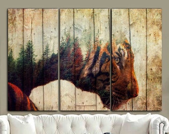 Original Wall Hanging Print On Canvas Majestic Tiger Surreal And Harmonious Art  Wild Animals Multi Panel Print Wood Style Tger Modern Decor