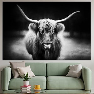 Longhorn Canvas Print Longhorn Cow Poster Western Home Decor Black and White Print Bull Poster Multi Panel Wall Art for Farmhouse Decor image 1