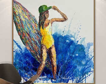 Große Surfer Mädchen Malerei Bunte Surf-Wand-Kunst Küsten Ozean Figurative Leinwand Strand-Wand-Dekor