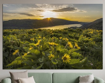 Sunset Print on Canvas Landscape Poster Sunflowers Wall Art Wall Hanging Decor Nature Poster Mountains Wall Art Gift for Travelers