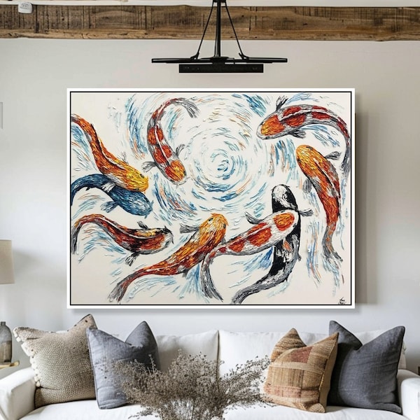 Abstract Koi Fish Painting in Dynamic Colors Paintings On Canvas Modern Impasto Art Original Expressionist Oil Painting for Home Wall Decor