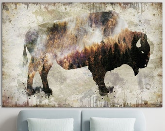 Bison Wandkunst Wilde Tiere Multi Panel Druck Bison Wandkunst Wild Natur Umzug Haus Geschenk HolzStil Druck für Wohnzimmer Bibliothek Dekor