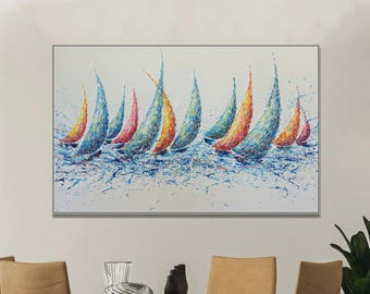 Large Sailboat Regatta Painting, Colorful Abstract Coastal Canvas Art, Oversized Nautical Wall Decor