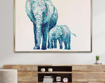 Cuadro de una gran familia de elefantes azules con textura de vida silvestre sobre lienzo, ideal para decorar la habitación infantil.