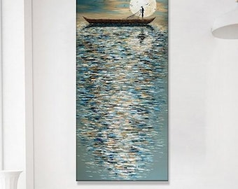 Grote boot op water schilderij nautische zonsondergang canvas muurkunst kustdecor cadeau