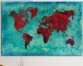 Push Pin World Map Canvas Wall Art Red Travel World Map Multi Panel Print On Canvas Wall Hanging Decor for Living Room Wall Decor