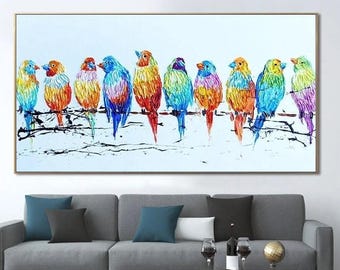 Große bunte Vögel Malerei, Regenbogen Vogel Wandkunst, moderne spielerische Leinwand für Wohnzimmer Dekor