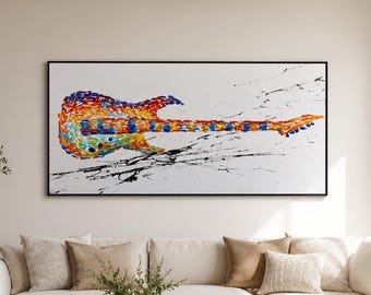 Grande quadro su tela con chitarra colorata, dipinto astratto a tema musicale dalla texture spessa, decorazione rock and roll fatta a mano.
