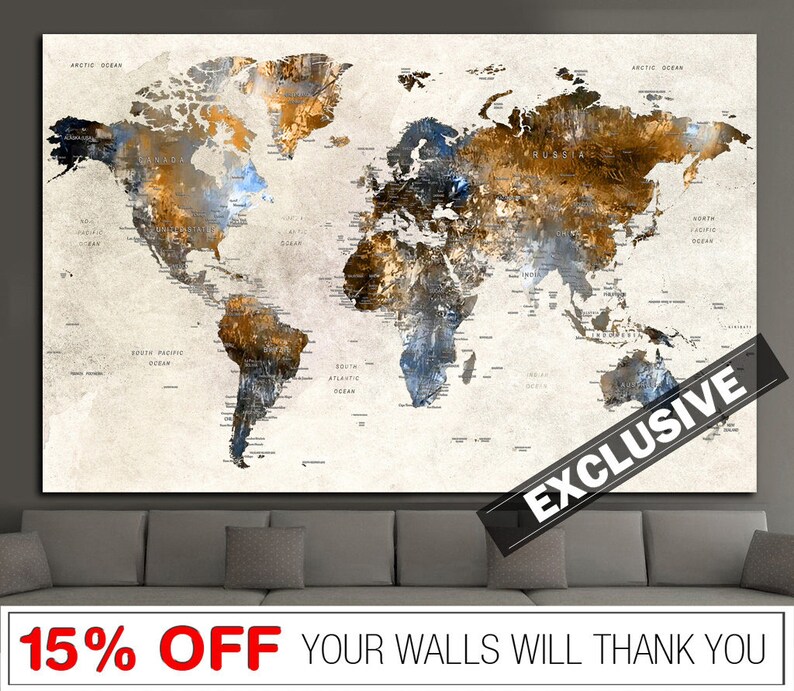 Original World Map Canvas Wall Art Exclusive World Map Multi Etsy