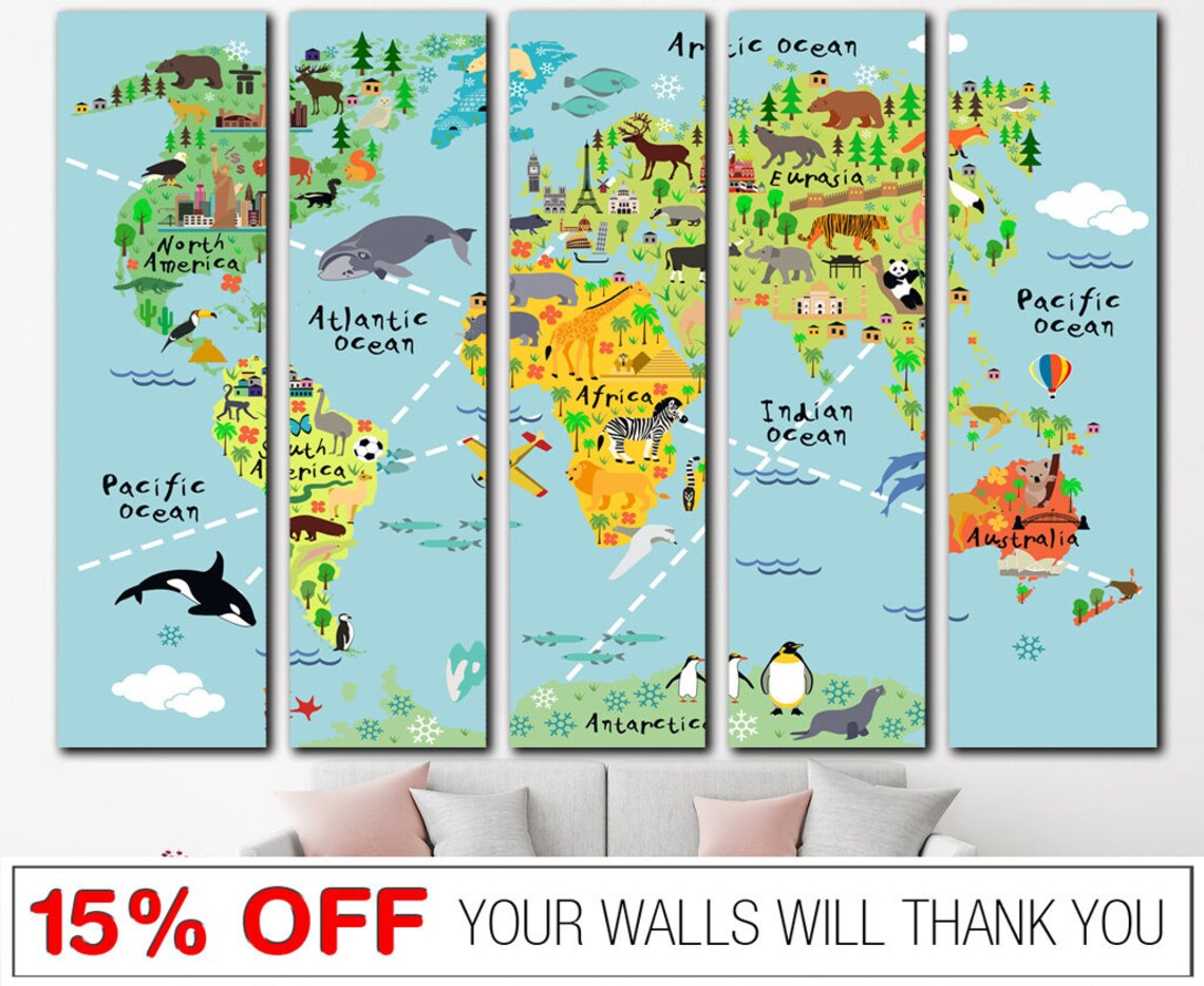 Nursery World Map Canvas Nursery Map for Kids World Map Canvas Etsy