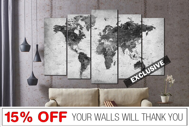 Gray World Map Wall Art World Map Black and White Map Multi Etsy