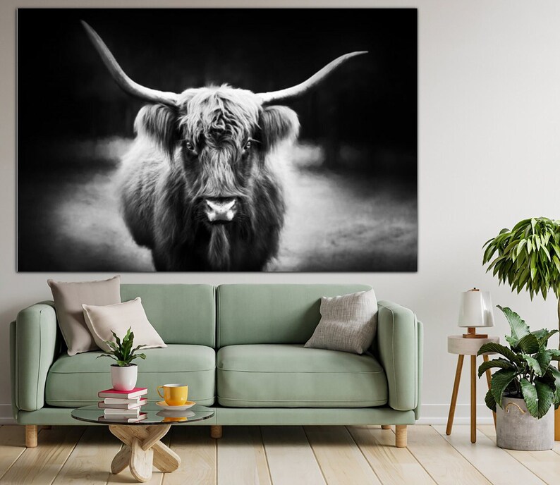 Longhorn Canvas Print Longhorn Cow Poster Western Home Decor Black and White Print Bull Poster Multi Panel Wall Art for Farmhouse Decor image 1