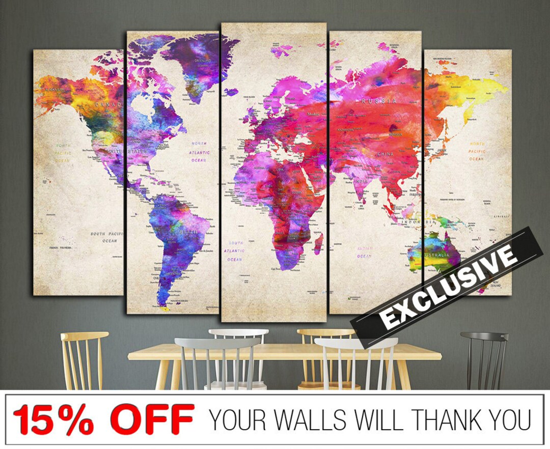 Colorful World Map Print on Canvas Exclusive Educational Map of the ...