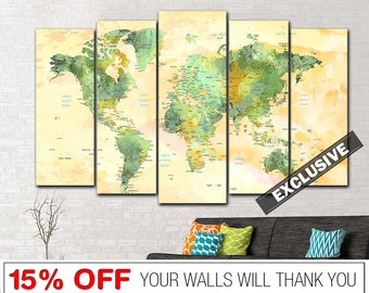 Exclusive Green World Map Print On Canvas Original Travel Map Multi Panel Print Geographic Map Of The World Wall Hanging Decor for Home