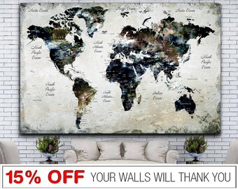 World Map Print on Canvas Travel Map Of The World Creative Gift Multi Panel Print Custom Educational Illustration Map for Home Decor