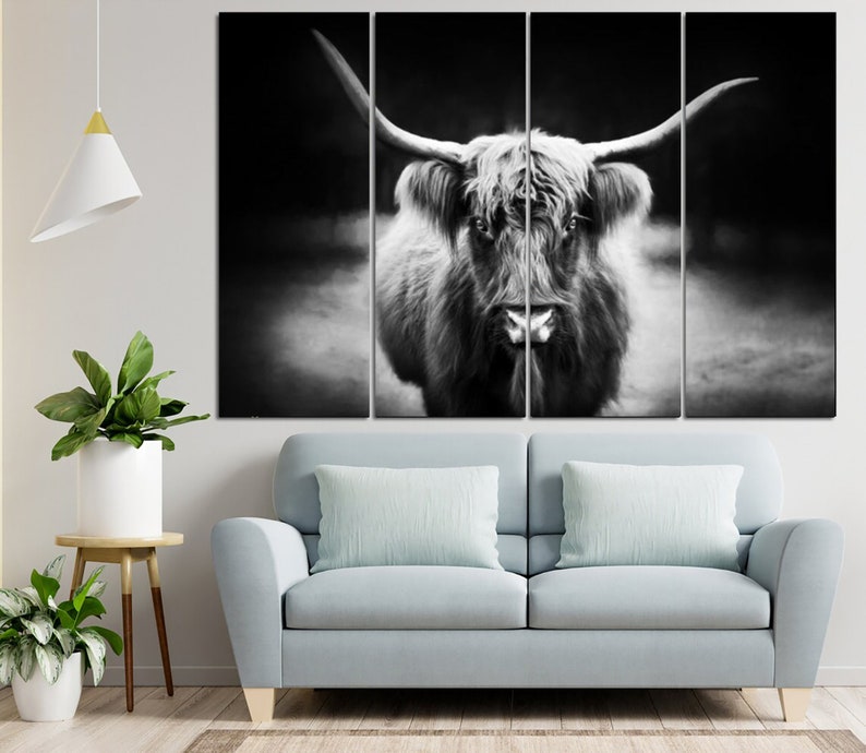 Longhorn Canvas Print Longhorn Cow Poster Western Home Decor Black and White Print Bull Poster Multi Panel Wall Art for Farmhouse Decor image 3