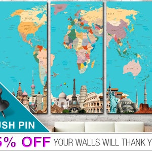 Colorful Push Pin World Map Poster Original Gift for Traveler World Map on Blue Wall Hanging Decor for Living Room image 2