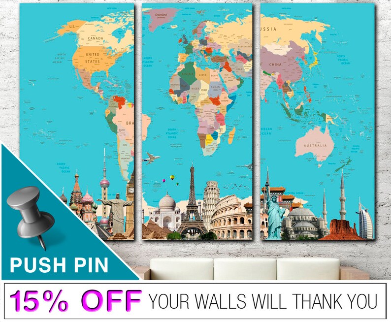 Colorful Push Pin World Map Poster Original Gift for Traveler World Map on Blue Wall Hanging Decor for Living Room image 2