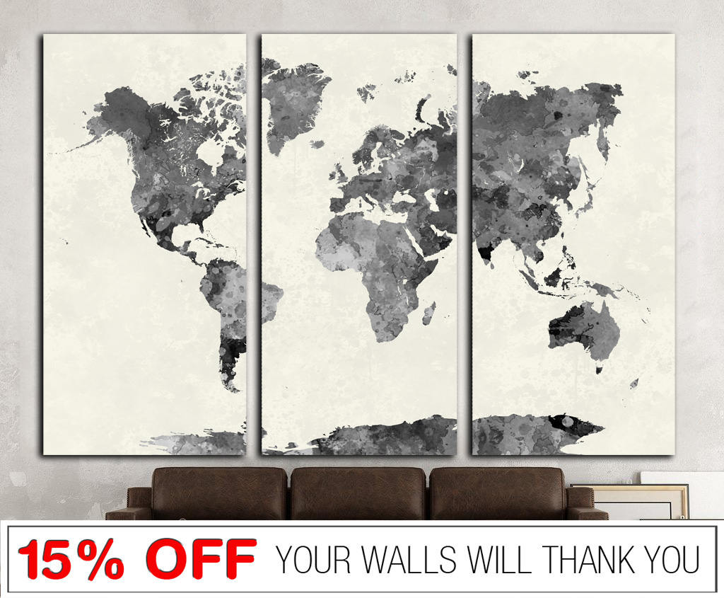 Original Gray World Map Wall Art Monochrome Print on Canvas Etsy
