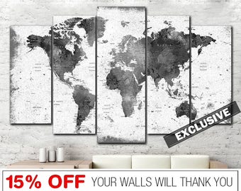 World Map Wall Art Original Black And White Map Print On Canvas Exclusive Map Of The World Multi Panel Print Wall Hanging Decor Wall Art