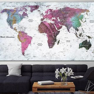 Mapa del mundo con chinchetas, lienzo para pared, arte azul claro, impresión púrpura, mapa de varios paneles, impresión de mapa de viaje, decoración para colgar en la pared