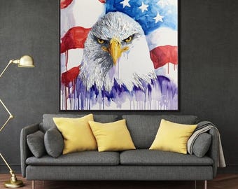 Bald Eagle Painting with American Flag – Patriotic Wall Art
