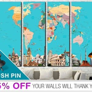 Colorful Push Pin World Map Poster Original Gift for Traveler World Map on Blue Wall Hanging Decor for Living Room image 3