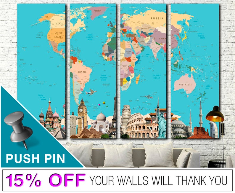 Colorful Push Pin World Map Poster Original Gift for Traveler World Map on Blue Wall Hanging Decor for Living Room image 3