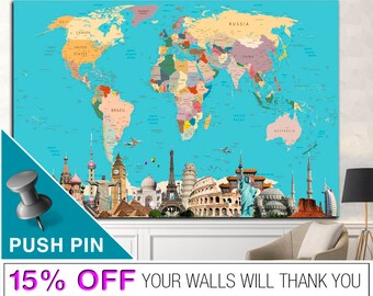 Colorful Push Pin World Map Poster Original Gift for Traveler World Map on Blue Wall Hanging Decor for Living Room