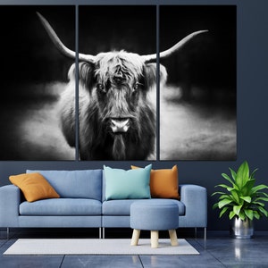 Longhorn Canvas Print Longhorn Cow Poster Western Home Decor Black and White Print Bull Poster Multi Panel Wall Art for Farmhouse Decor image 2