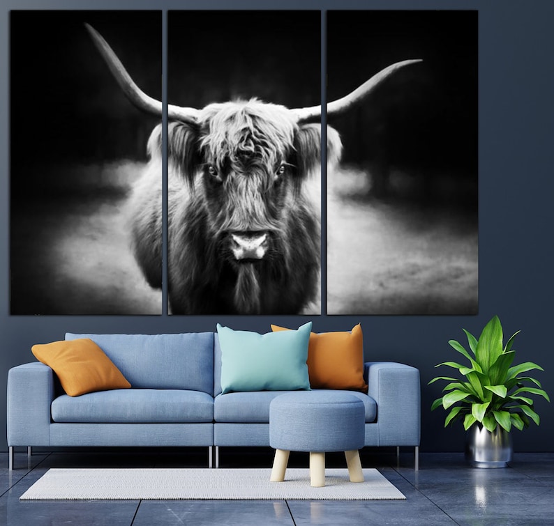Longhorn Canvas Print Longhorn Cow Poster Western Home Decor Black and White Print Bull Poster Multi Panel Wall Art for Farmhouse Decor image 2