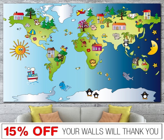 Nursery World Map World Map Word Map Canvas Kids World Map Etsy