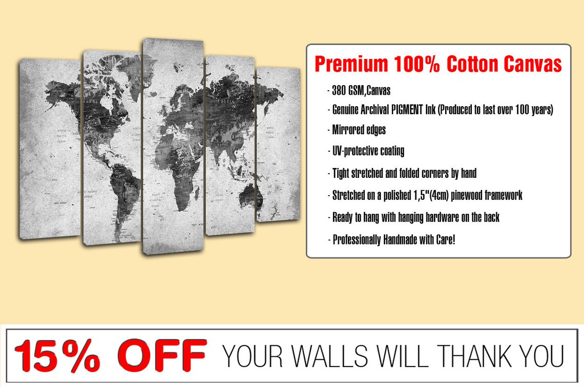 Gray World Map Wall Art World Map Black and White Map Multi Etsy