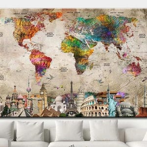 Carte du monde colorée, impression sur toile, carte éducative du monde, impression multi-panneaux, décoration murale originale, carte avec punaises pour la décoration intérieure