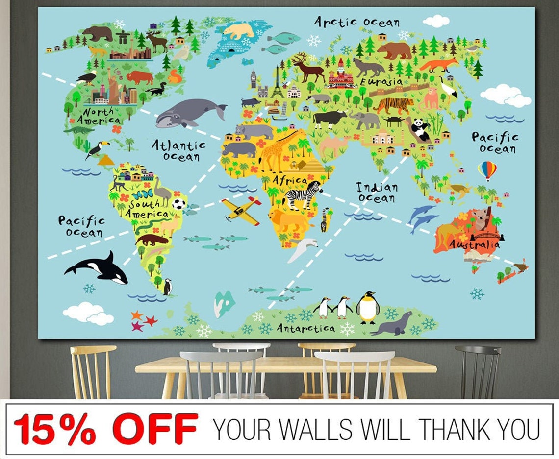 Nursery World Map Canvas Nursery Map for Kids World Map Canvas Etsy