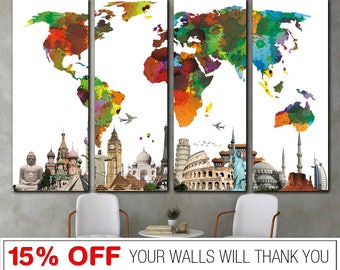 Large World Map Print on Canvas Colorful Map of the World Poster Adventure Map Print Personalized Map Wall Art Atlas Print Gift for Traveler