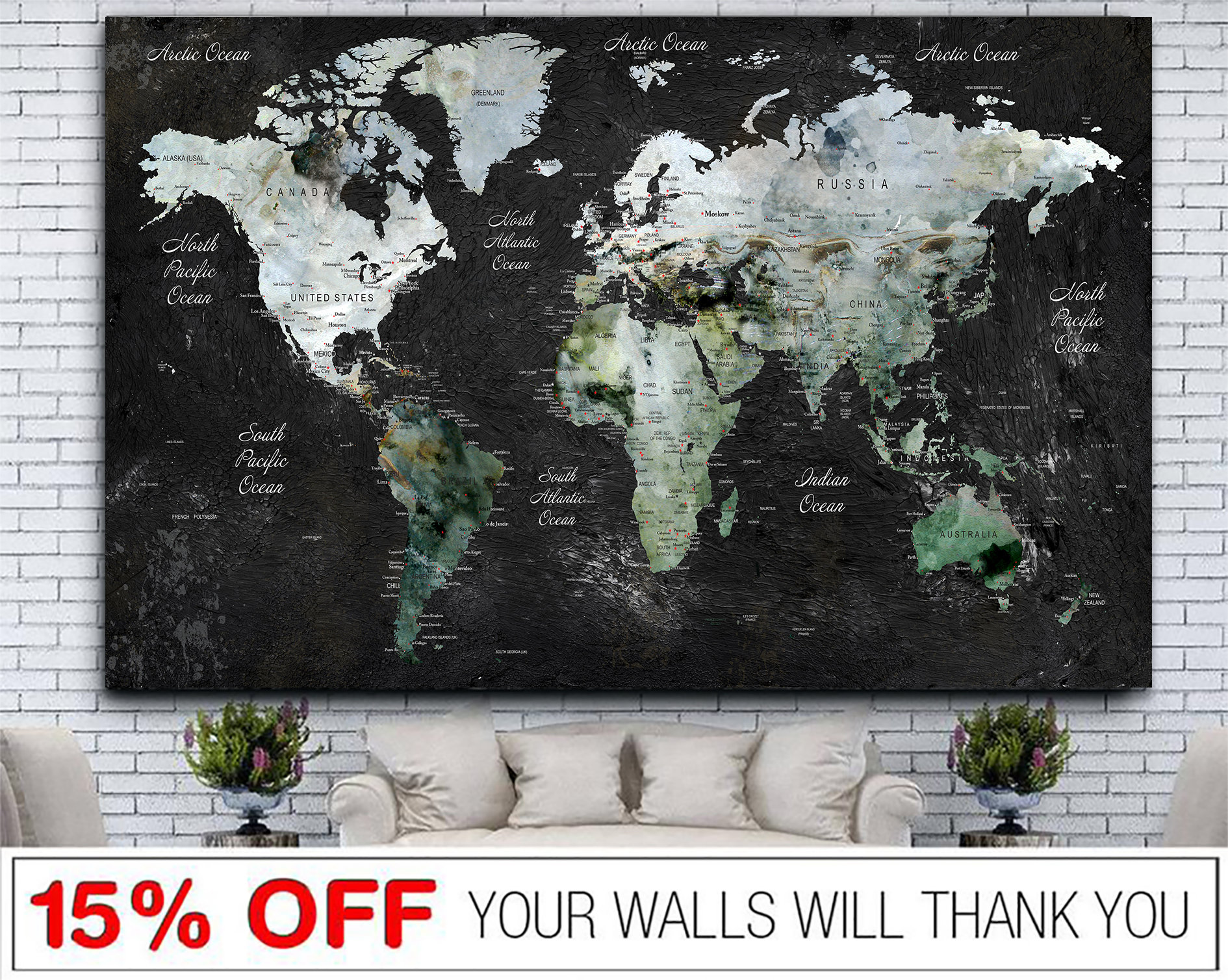 World Map Canvas Wall Art Map of the World Multi Panel Print Etsy
