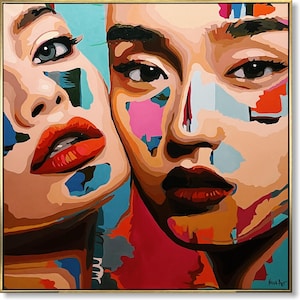 Large Abstract Woman Painting On Canvas Colorful Pop Art Statement Art Bold Figurative Oil Painting for Home Decor 43.3&quot;x43.3&quot;