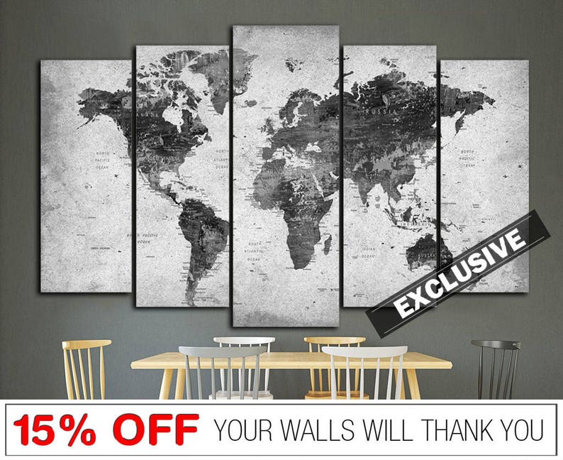 Gray World Map Wall Art World Map Black and White Map Multi Etsy