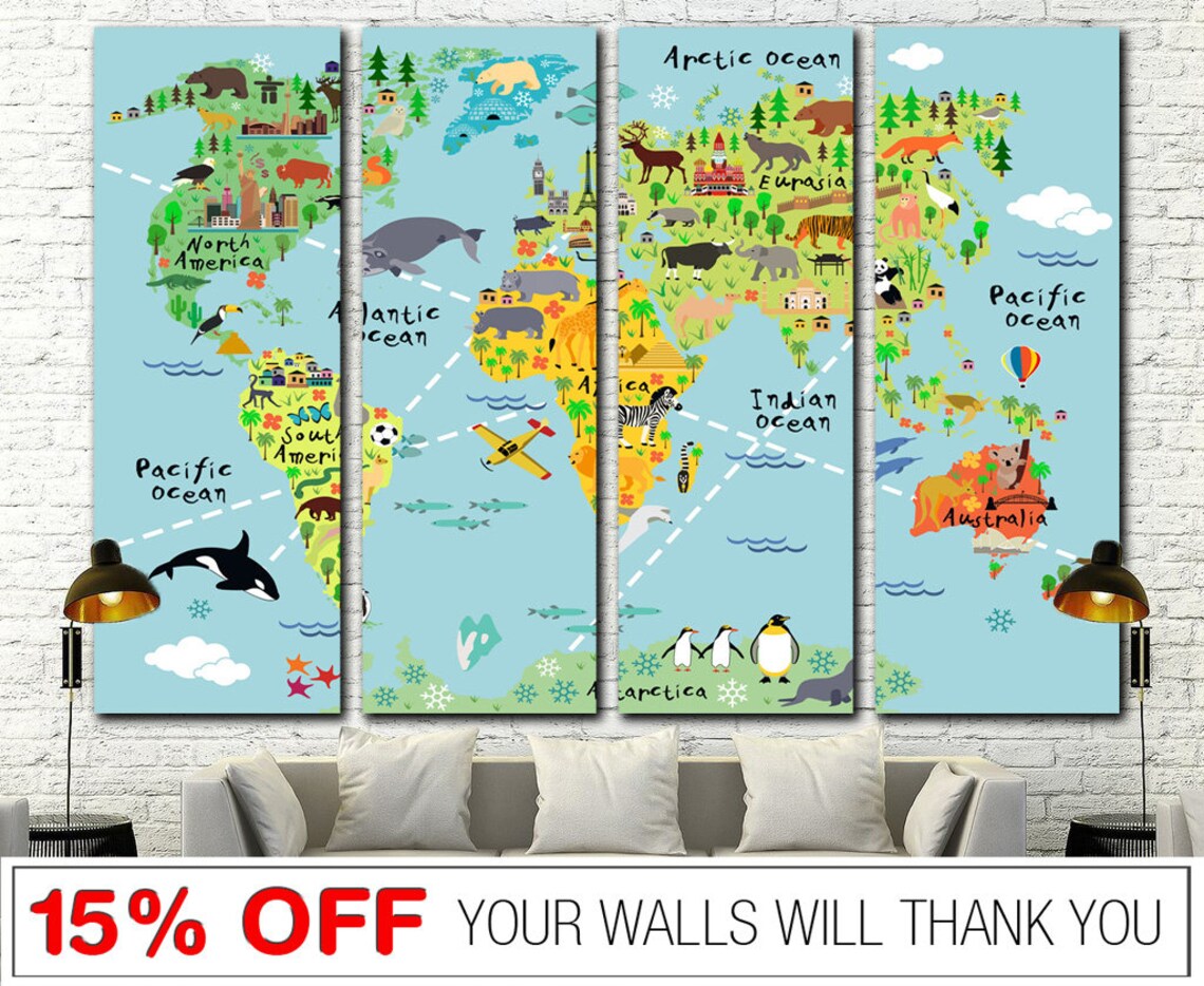 Nursery World Map Canvas Nursery Map for Kids World Map Canvas Etsy