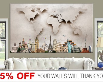 Classic Map Of The World Canvas Wall Art Exclusive Beige Map of the World Multi Panel Print Creative Office Wall Hanging Decor