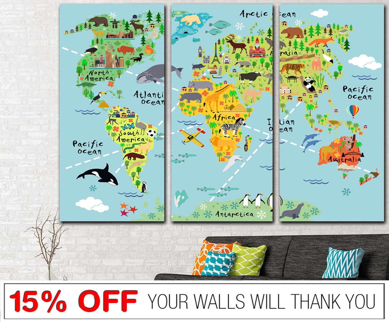 Nursery World Map Wall Art Canvas Map for Kids Animal Map of Etsy